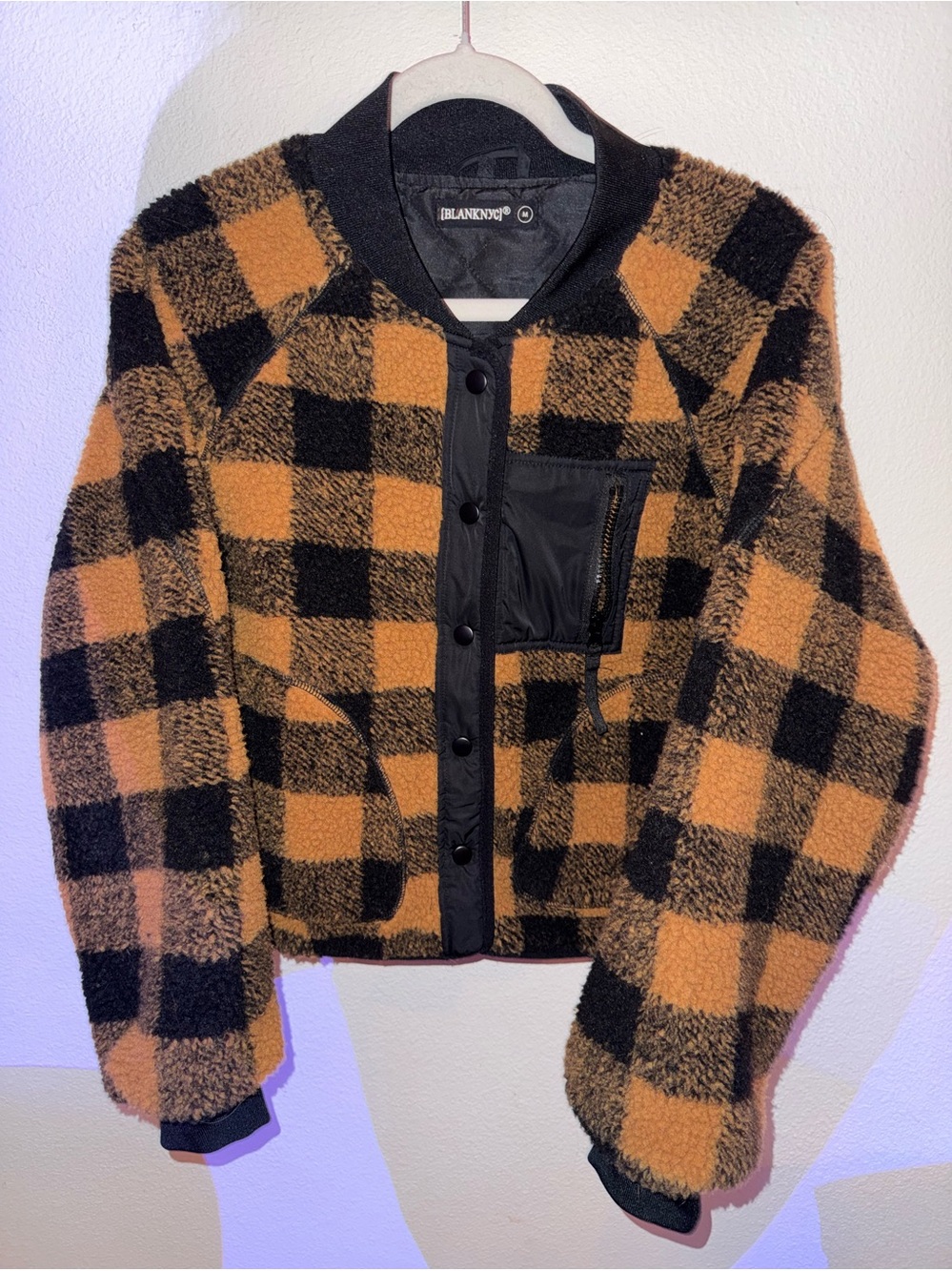 BLANKNYC checkered brown and black fleece snap jacket